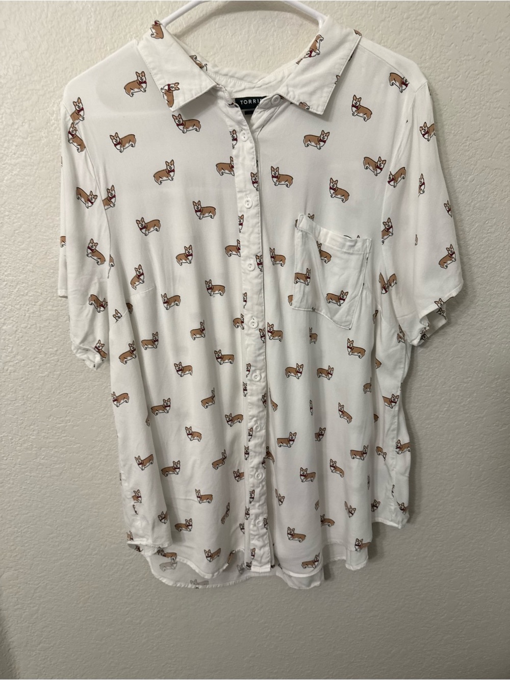 Torrid Women’s White Short-Sleeve Button-Up Shirt with Corgi Print